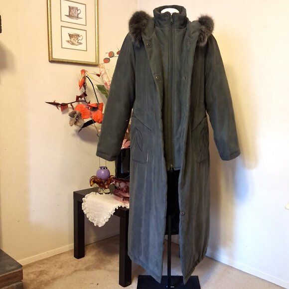 Preowned Utex Design Olive Green Warm Long Coat with Hood Windproof Outerwear - Picture 3 of 16